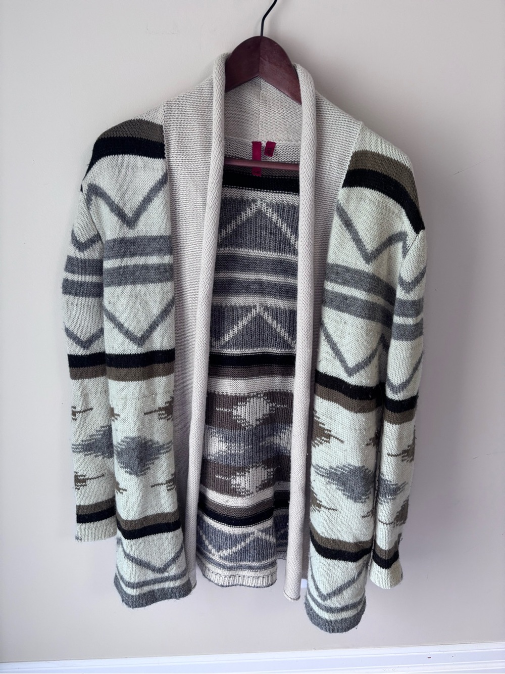 5/48 Women's Geometric Open-Front Cardigan in Cream, Gray & Black